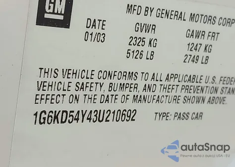 2003 Cadillac Deville Standard z USA, uszkodzony, nr VIN 1G6KD54Y43U210692